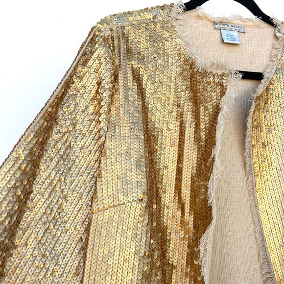 Vintage Alberto Makali 90s Y2K Gold Sequin Cocktail Jacket Linen Large Holiday - Picture 7 of 7